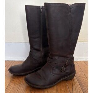 UGG Riding Boots Womens 9 Brown Leather Knee High Shearling Lined Zip Buckle